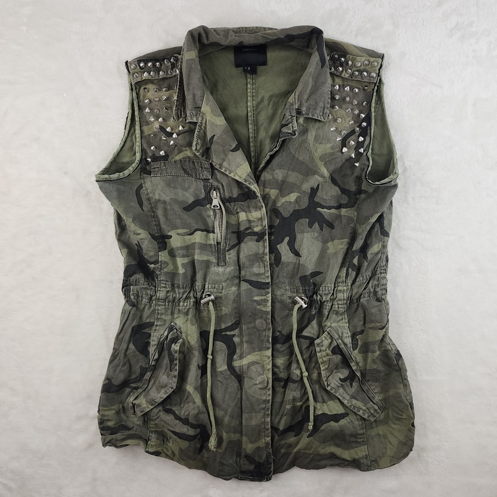 Custom Cargo Camo Studded Military Vest Womens Medium Green Thrashed Grunge